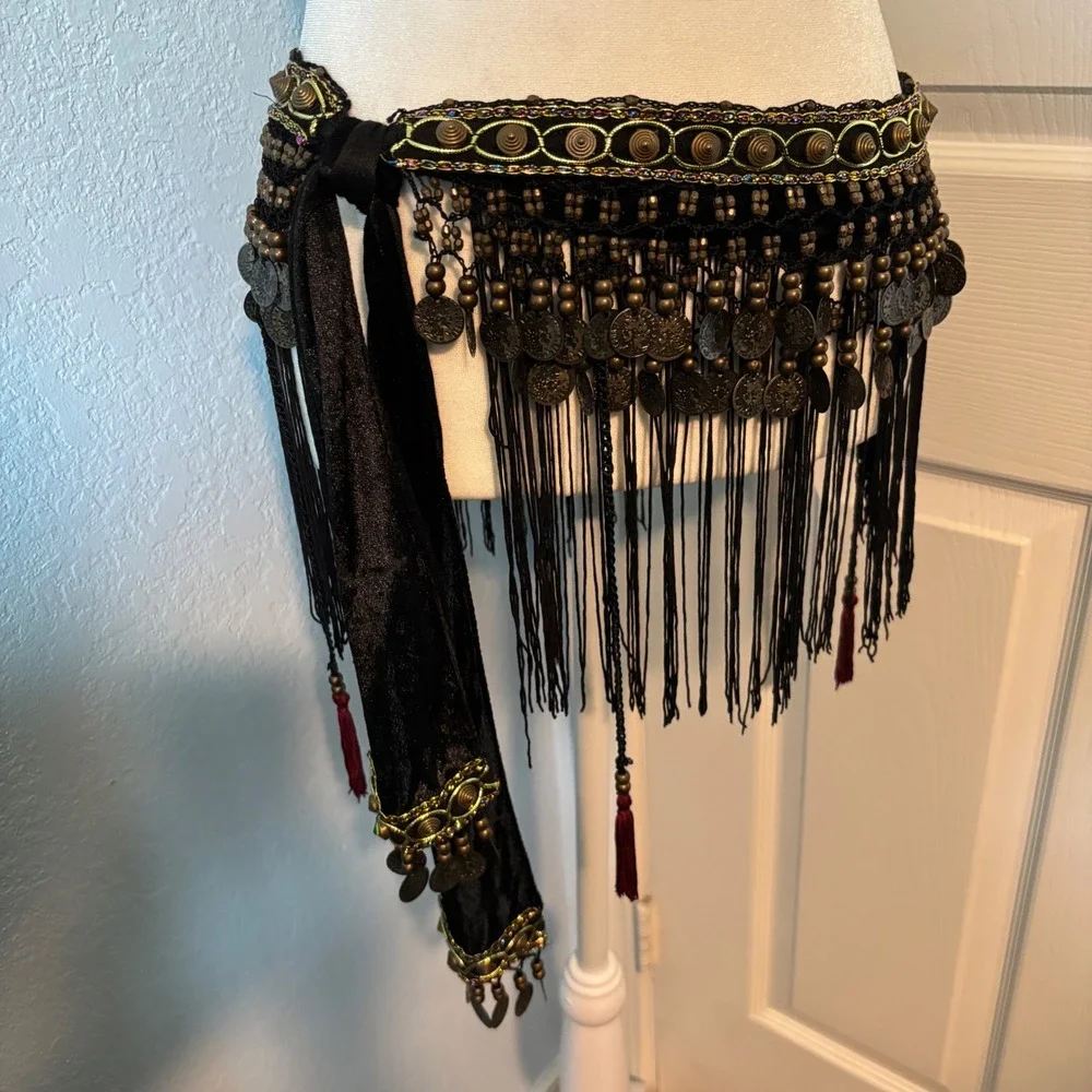 Bohemian Belly Dance Hippie Tribal Scarf Black Velvet Gold Coin Fringe Wrap Belt